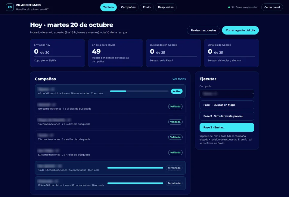 Tablero del agente de prospección en Google Maps, con sus campañas y fases de trabajo