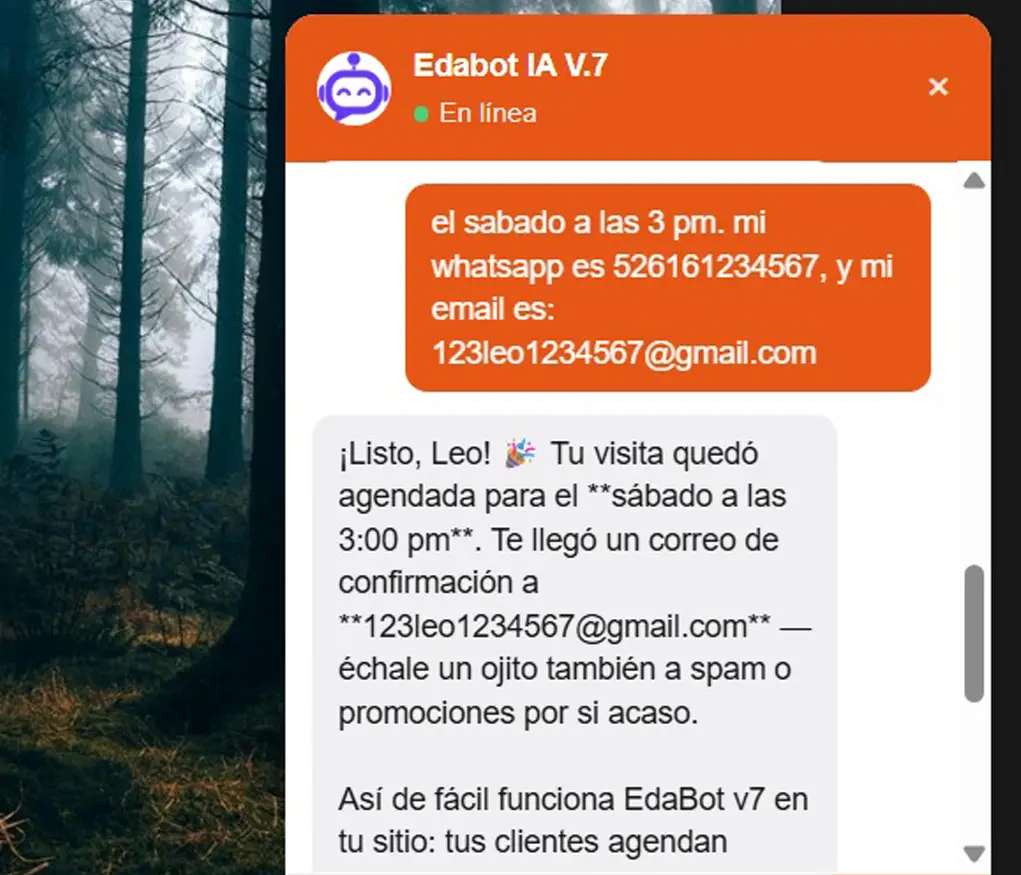 Chat de EdaBot v7 confirmando a un cliente su cita agendada en Google Calendar